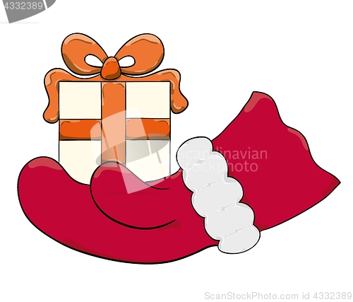 Image of Santa Claus hand and packaged present.