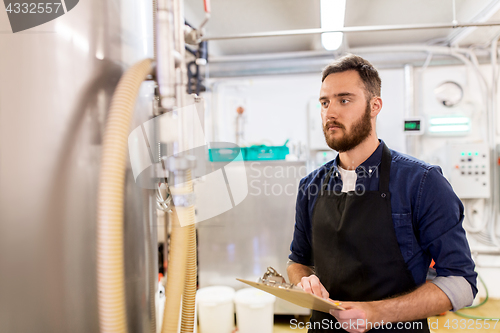 Image of man with clipboard at craft brewery or beer plant