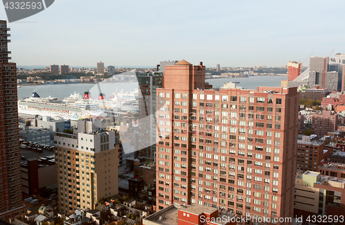 Image of Cruise ships docked on the Hudson River in New York