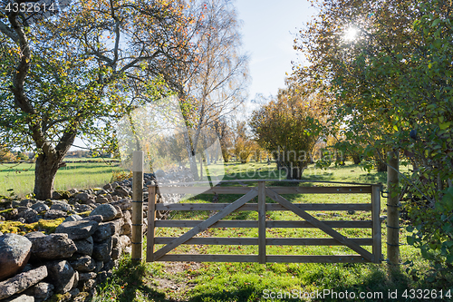 Image of Wooden gate in a colorful landscape