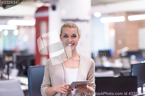 Image of Business Woman Using Digital Tablet in front of startup Office