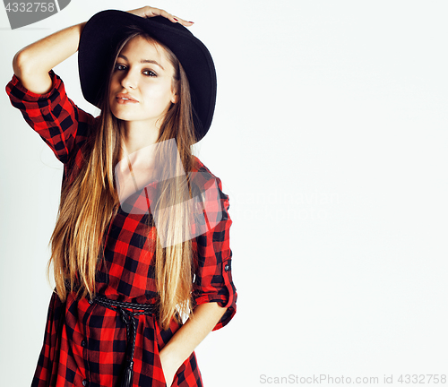 Image of young pretty brunette girl hipster in hat on white background casual close up dreaming smiling