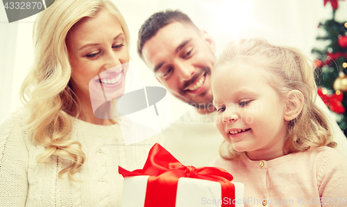 Image of happy family at home with christmas gift box