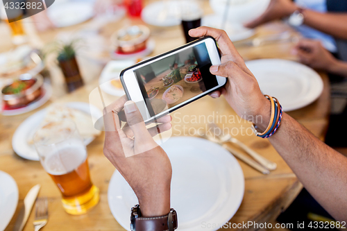 Image of hands with smartphone picturing food at restaurant