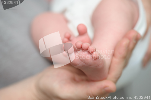 Image of Mothers hands holding newborn baby feet