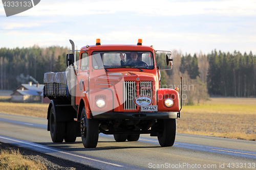 Image of Classic Orange Scania 80 Truck on Road