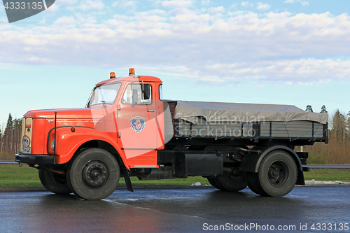 Image of Beautiful Scania 80 Truck Parked on a Truck Stop