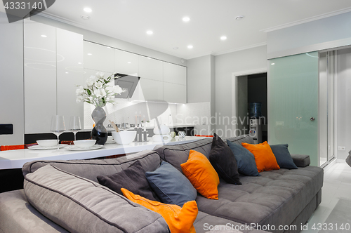 Image of Modern white living studio with bedroom doors open