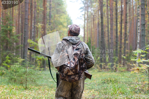 Image of hunter with shotgun walking in the forest