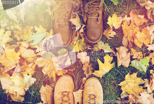 Image of couple of feet in boots and autumn leaves