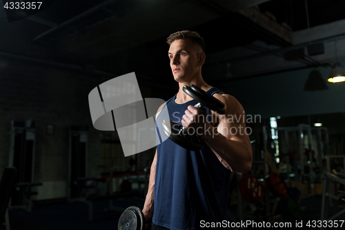 Image of young man with dumbbells exercising in gym
