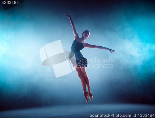 Image of Beautiful young ballet dancer jumping on a lilac background.