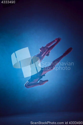 Image of Beautiful young ballet dancer jumping on a lilac background.