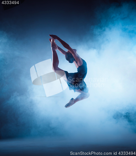 Image of Beautiful young ballet dancer jumping on a lilac background.