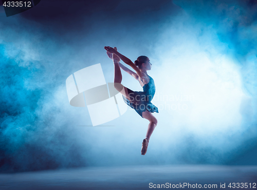 Image of Beautiful young ballet dancer jumping on a lilac background.