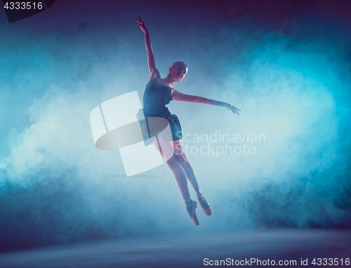 Image of Beautiful young ballet dancer jumping on a lilac background.