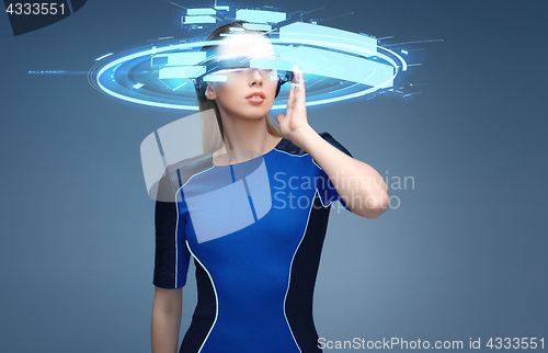 Image of woman in virtual reality 3d glasses with screens
