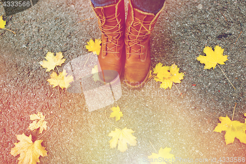 Image of female feet in boots and autumn leaves