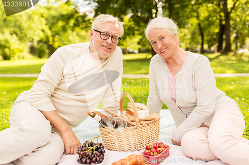Image of happy senior couple having picnic at summer park