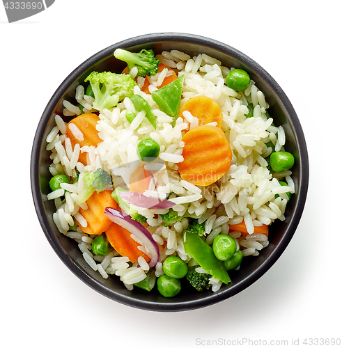 Image of Bowl of boiled rice with vegetables