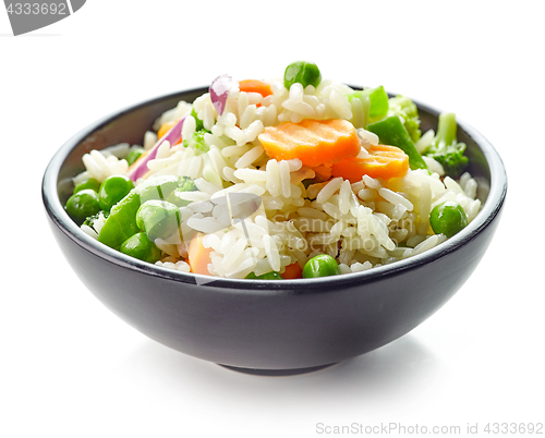 Image of Bowl of boiled rice with vegetables