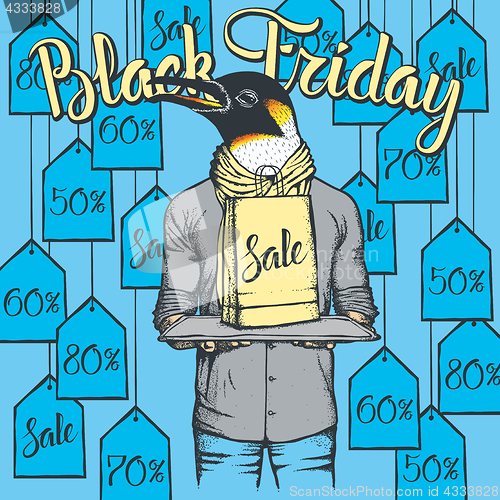 Image of Vector illustration of penguin on Black Friday