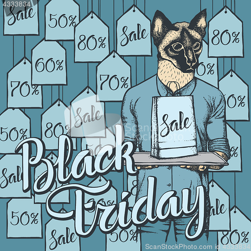 Image of Vector illustration of cat on Black Friday