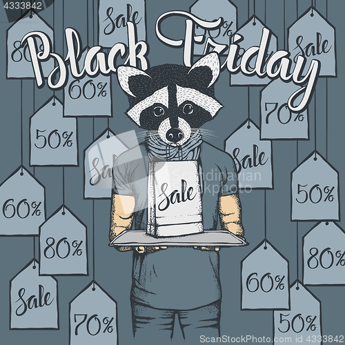 Image of Vector illustration of raccoon on Black Friday