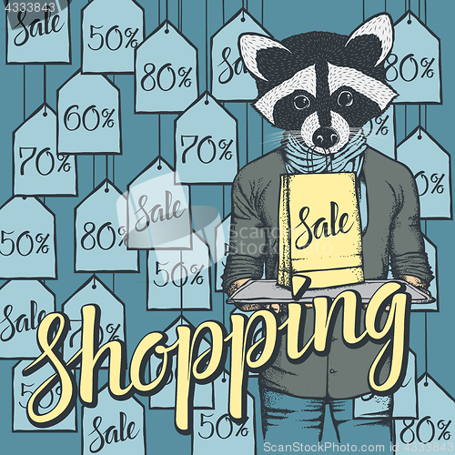 Image of Vector illustration of raccoon on Black Friday