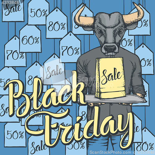 Image of Vector illustration of bull on Black Friday