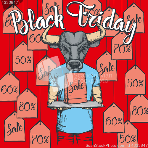 Image of Vector illustration of bull on Black Friday