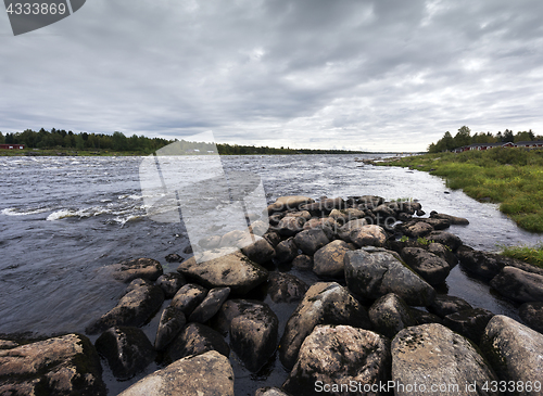 Image of Late summer landscape. Torne river, Kukkolaforsen, Sweden