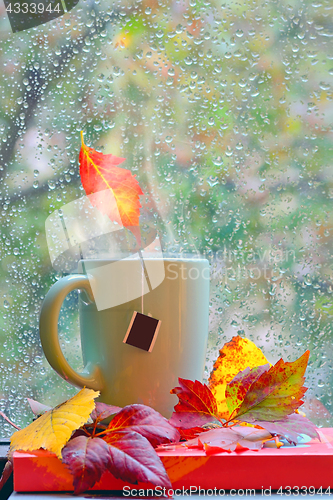 Image of Autumn rainy window with hot tea