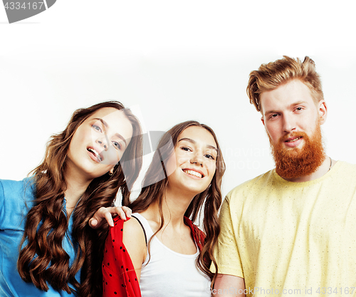 Image of company of hipster guys, bearded red hair boy and girls students