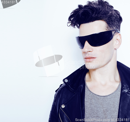 Image of young handsome modern man in sunglasses like robot, lifestyle fashion style people concept 