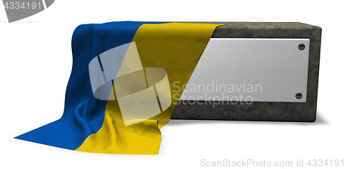Image of stone socket with blank sign and flag of the ukraine - 3d rendering