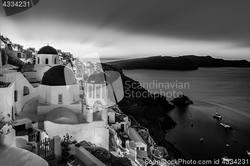 Image of Traditional greek village of Oia in black and white, Santorini island, Greece.