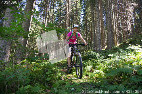 Image of Active sporty woman riding mountain bike on forest trail .