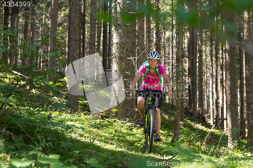 Image of Active sporty woman riding mountain bike on forest trail .