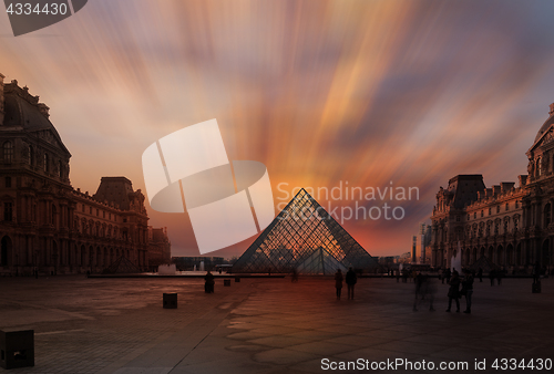 Image of View of famous Louvre Museum with Louvre Pyramid