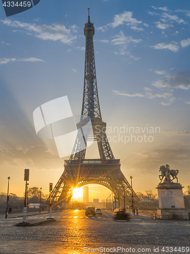 Image of The Eiffel tower at sunrise in Paris