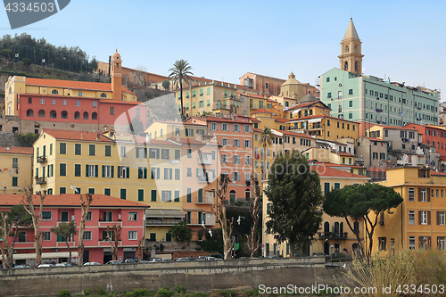 Image of Colorful houses in old town of Ventimiglia, Imperia, Liguria, It