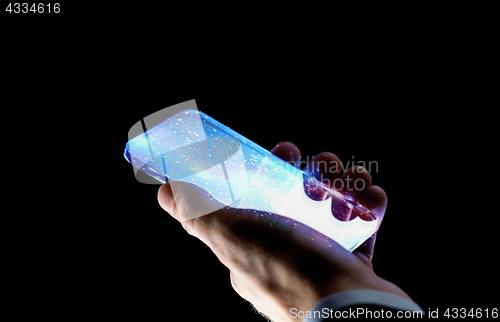 Image of close up of hand with space on smartphone screen