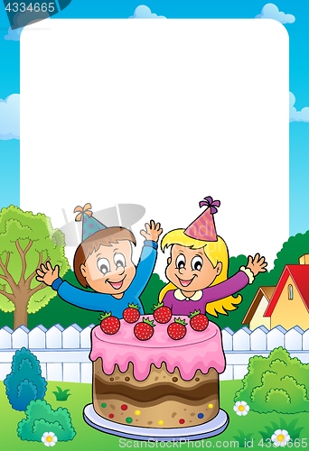 Image of Frame with cake and two kids celebrating