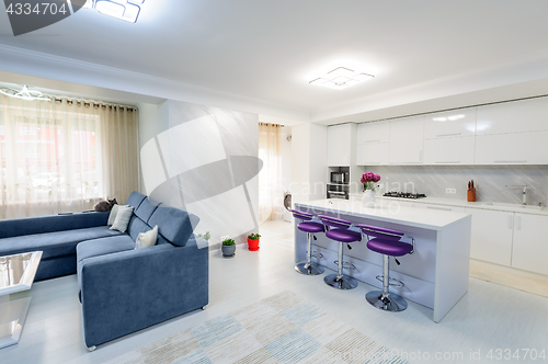 Image of Interior of modern white studio apartment with kitchen