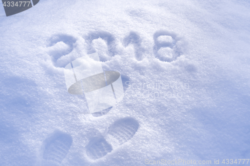 Image of New Year 2018 greeting, footprints in snow, new year 2018, greeting card