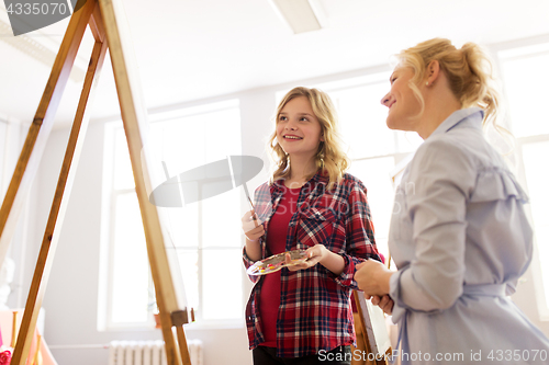 Image of artists discussing painting on easel at art school