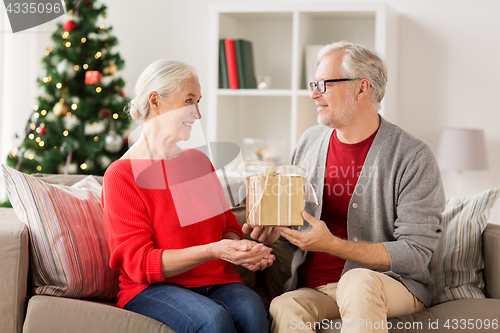 Image of happy smiling senior couple with christmas gift