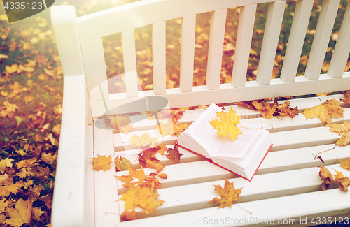 Image of open book on bench in autumn park