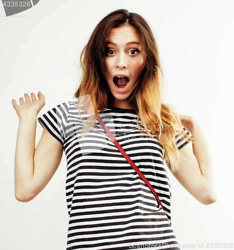 Image of young pretty teenage hipster girl posing emotional happy smiling on white background, lifestyle people concept 